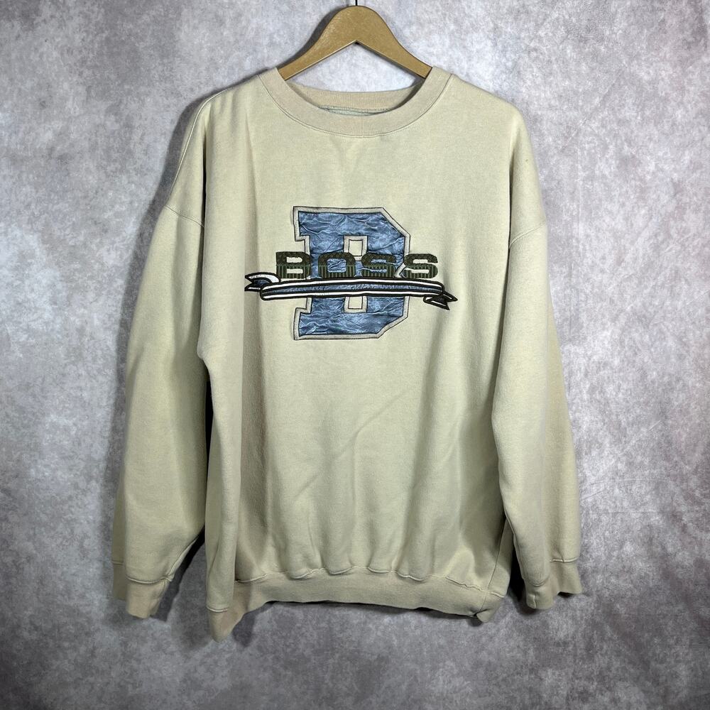 BOSS Sweater Mens Size XL Beige Embroidered Crew Neck Long Sleeves 90s Y2K